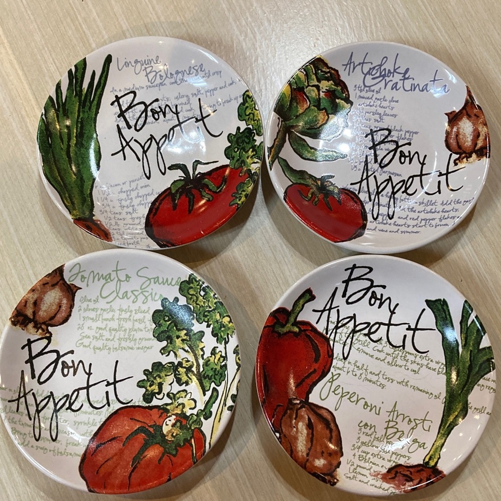 Colorful Bon Appetit Appetizer Plates, Set of 4